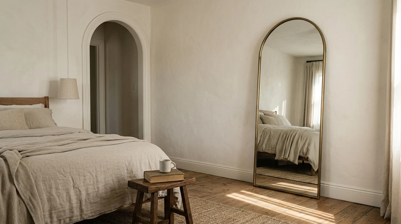 Tall arched mirror in a slim antique brass frame against a warm plaster bedroom wall, echoing an arched doorway and reflecting morning light