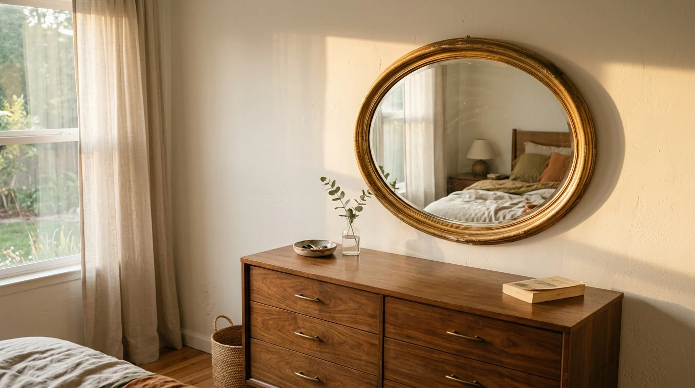 Vintage oval mirror in a worn gilded frame above a mid-century walnut dresser with a ceramic dish and bud vase in soft morning light