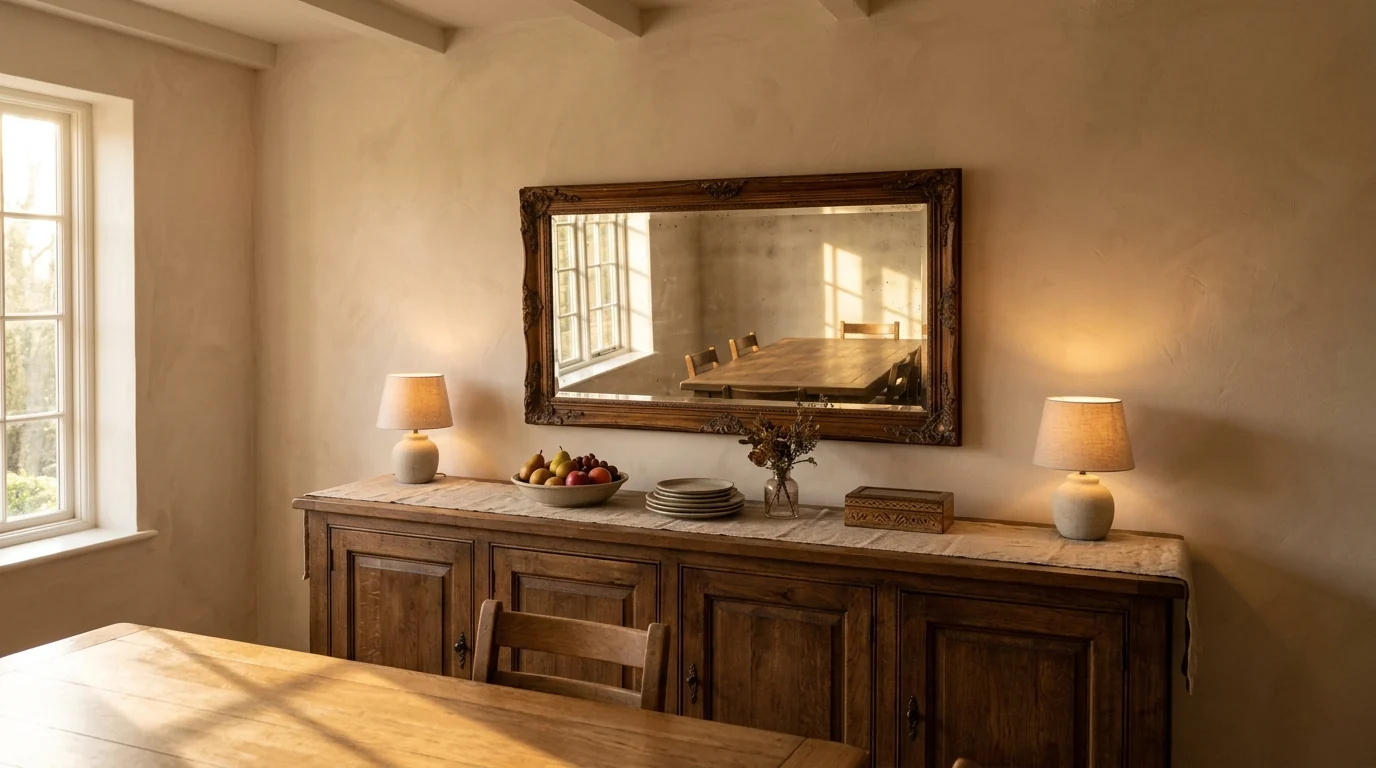 Large horizontal antique mirror in a carved dark wood frame above an oak sideboard flanked by two ceramic lamps, reflecting the dining table