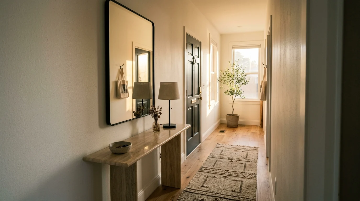 Tall rectangular mirror in a thin black steel frame above a slim travertine console in a narrow entryway, making the corridor read deeper