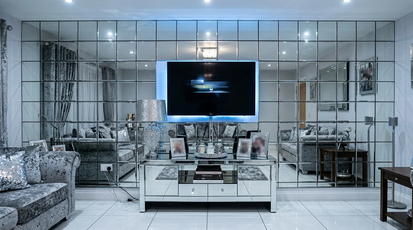 Deliberately dated living room wall covered in glossy beveled mirror grid tiles behind a TV with blue LED strip lighting and a mirrored silver console