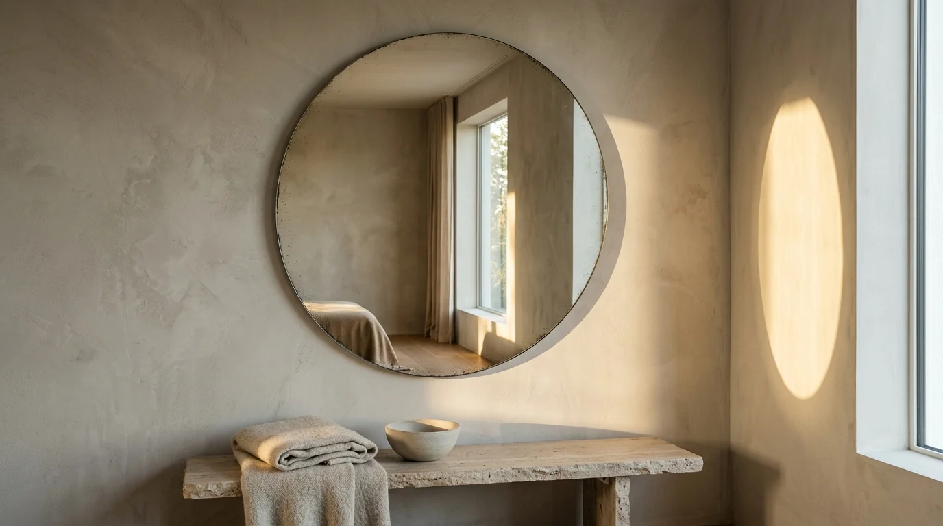 Single large frameless round mirror with antiqued edge on a limewashed greige wall above a travertine bench, bouncing an ellipse of afternoon sunlight