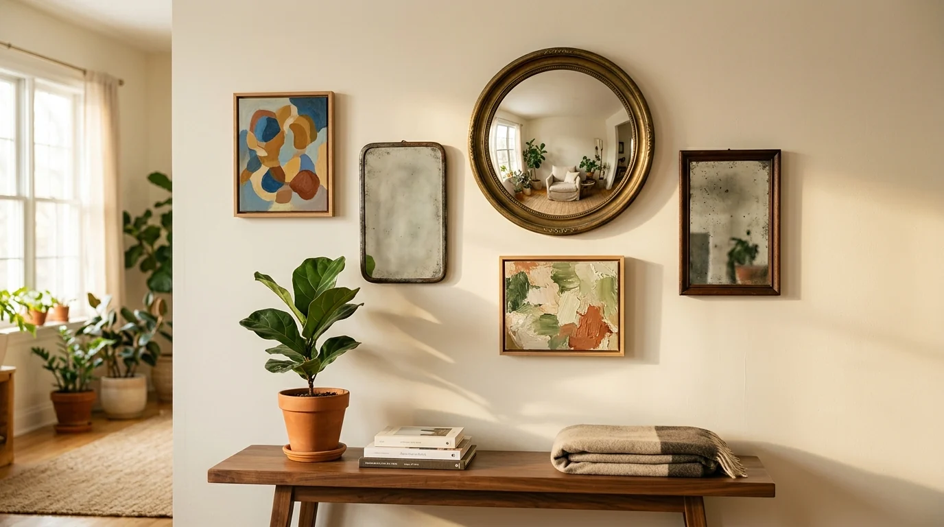 Gallery wall mixing abstract paintings in oak frames with a vintage brass convex mirror and two small antique mirrors above a walnut bench