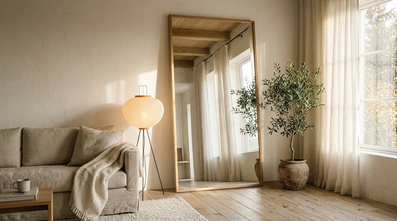 Two meter tall oak framed floor mirror leaning against a limewashed wall beside a linen sofa, reflecting the opposite window and doubling the room