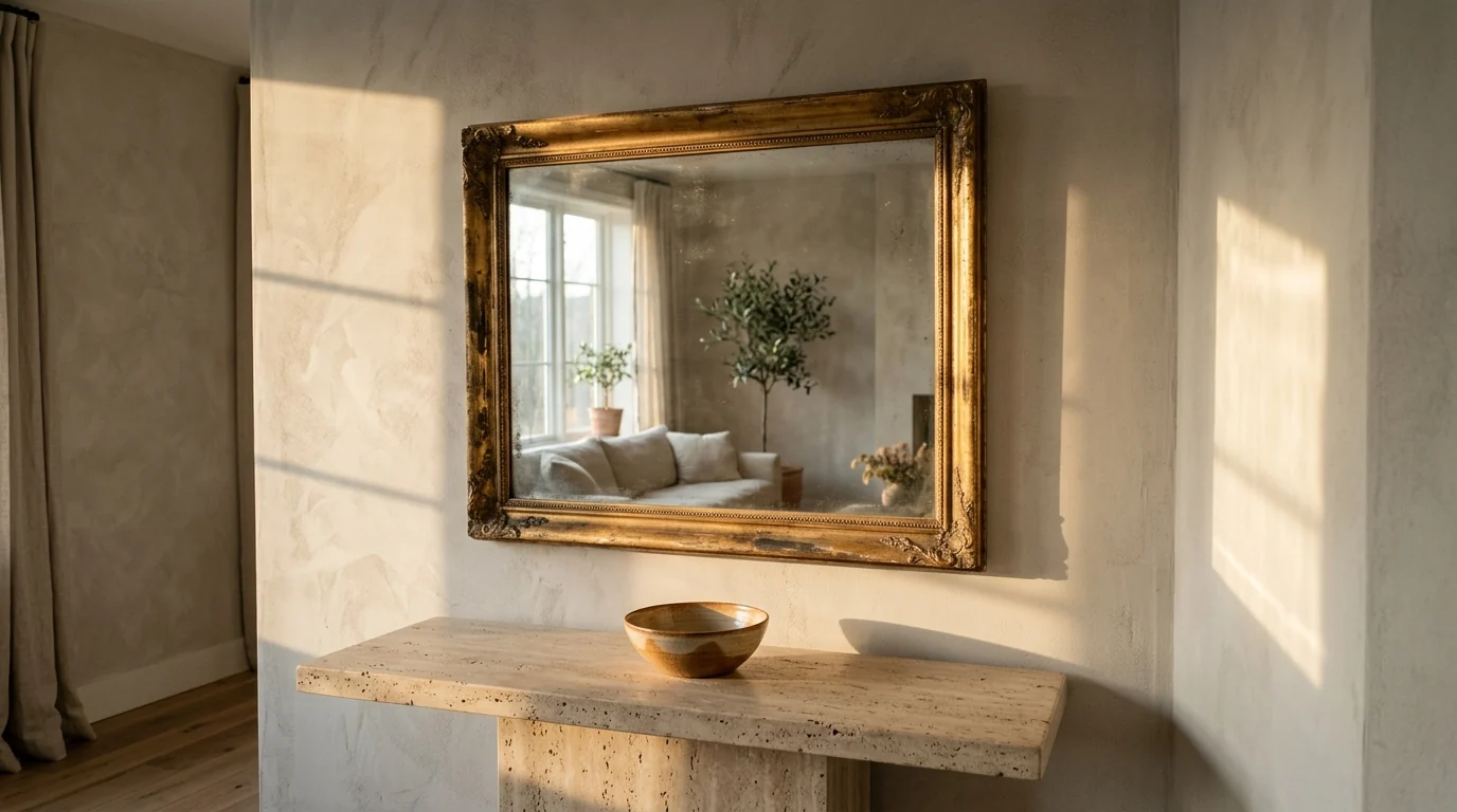 Large rectangular antique mirror in an ornate gilded frame with aged glass hung alone on a limewashed wall above a travertine console in low golden evening light
