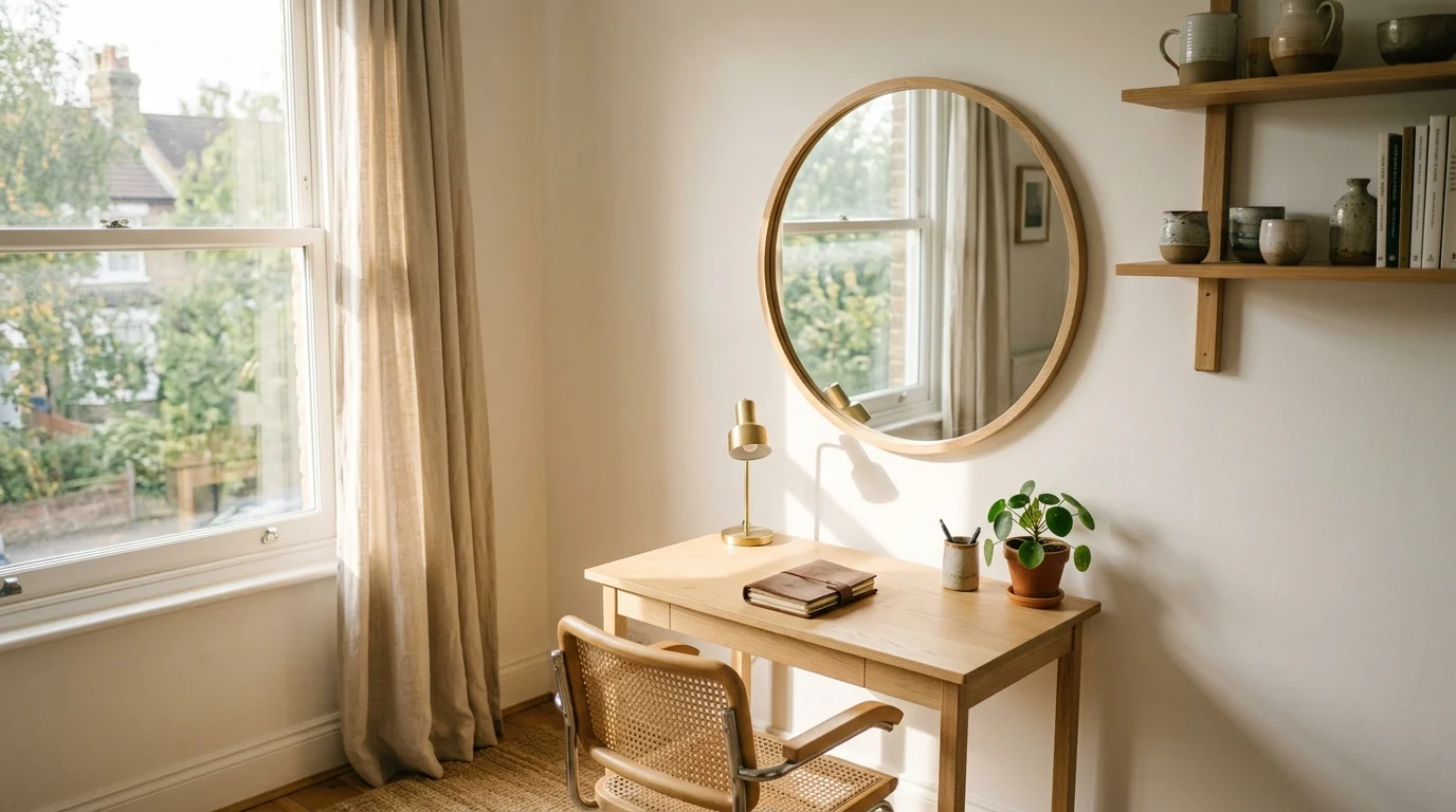 Large round mirror in a pale oak frame on the wall perpendicular to a window in a small home office, bouncing daylight deeper into the room