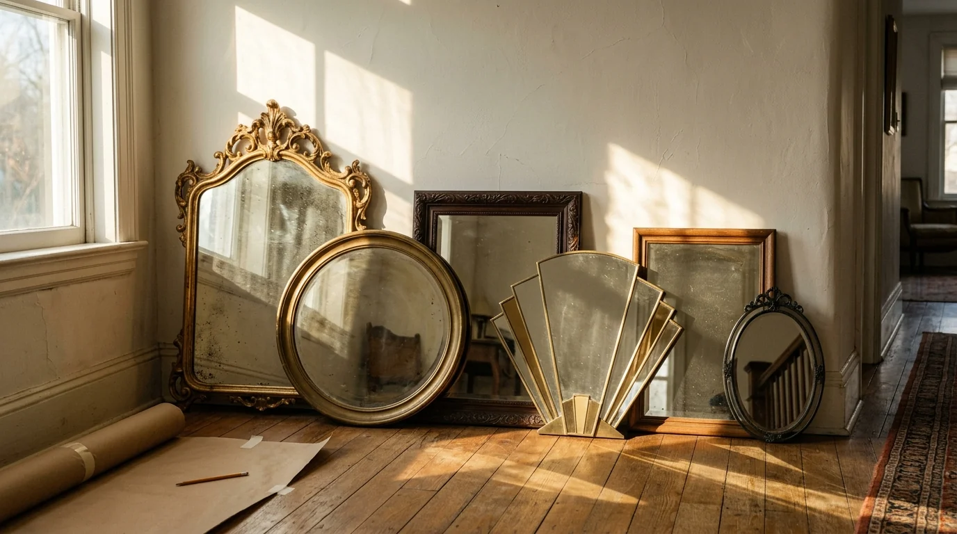 Estate sale haul of six vintage mirrors including a gilded Rococo frame, brass round and Art Deco fan shape leaning against a hallway wall in low afternoon sun