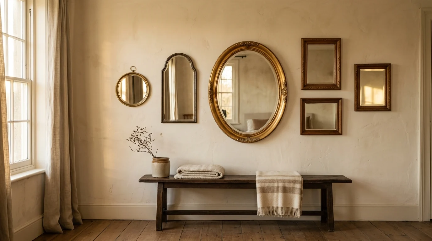 Restrained gallery of six vintage mirrors with a gilded oval anchor, brass round and carved wood frames spaced generously on a cream plaster wall above a dark oak bench