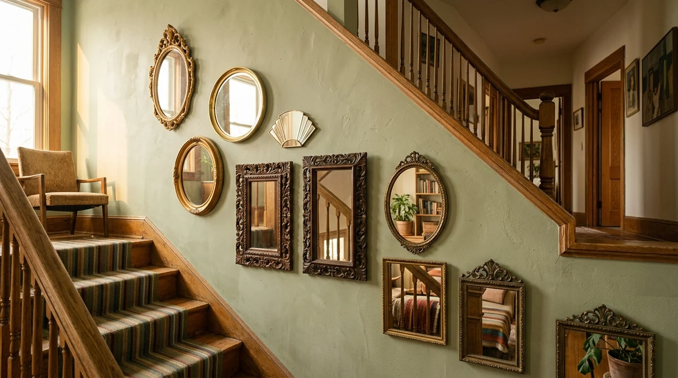 Gallery of eleven thrifted vintage mirrors with gilded, brass and carved wood frames climbing a sage green staircase wall along the stair diagonal