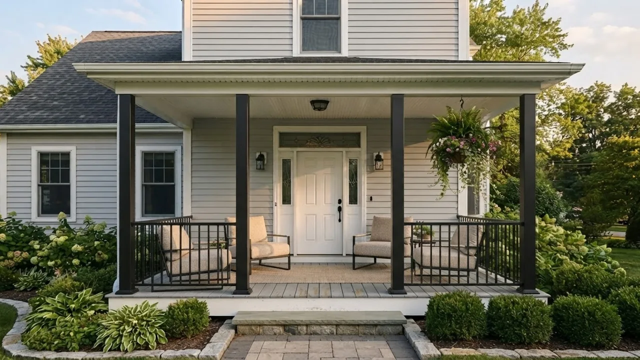 The same house and porch with the turned columns replaced by slim square black posts, a black metal railing in place of the white spindles, and two low profile lounge chairs instead of rocking chairs