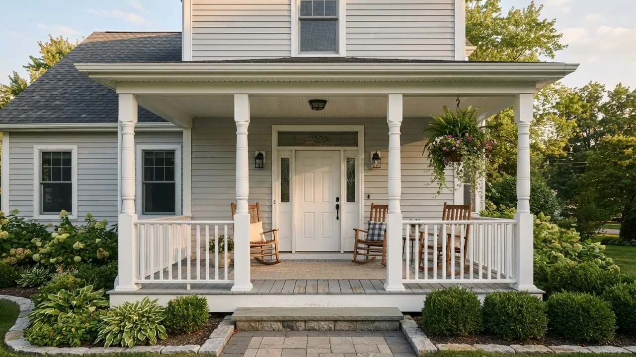 Traditional covered front porch on a two storey house with pale grey lap siding, four chunky white turned timber columns on square plinths, a white vertical spindle railing and two timber rocking chairs