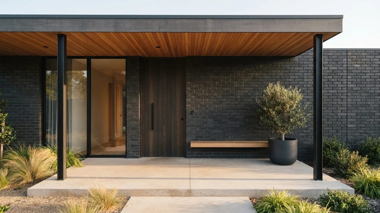 Modern front porch mixing three materials: charcoal brick facade, warm cedar slatted porch ceiling and slim blackened steel posts, over a pale poured concrete floor with one long timber bench