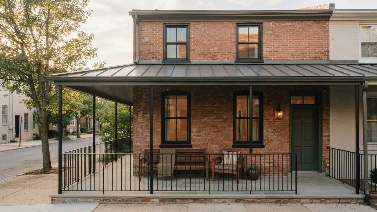 Long narrow covered porch across the front of a brick rowhouse with a slim black rail along the open edge, a bench and an armchair placed end to end against the brick wall and a clear route past them