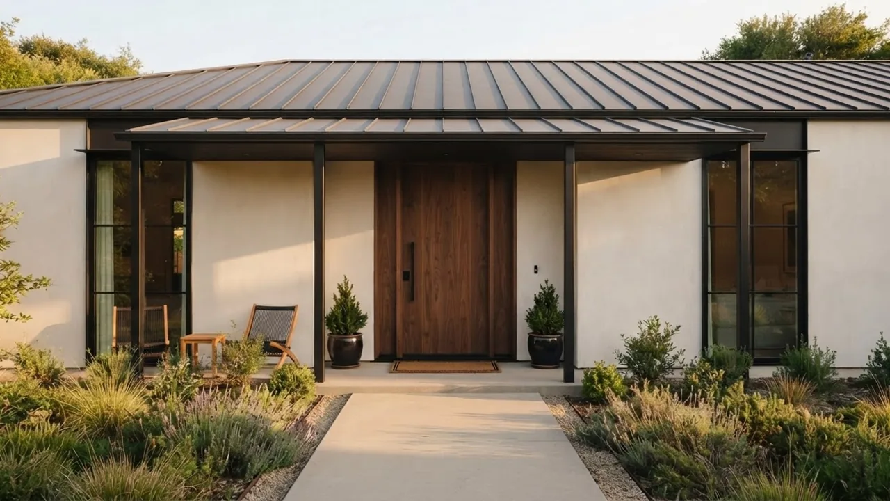 The same house with the porch roof extended forward on slim black steel posts, now deep enough to hold two chairs and a small side table with a clear route to the front door