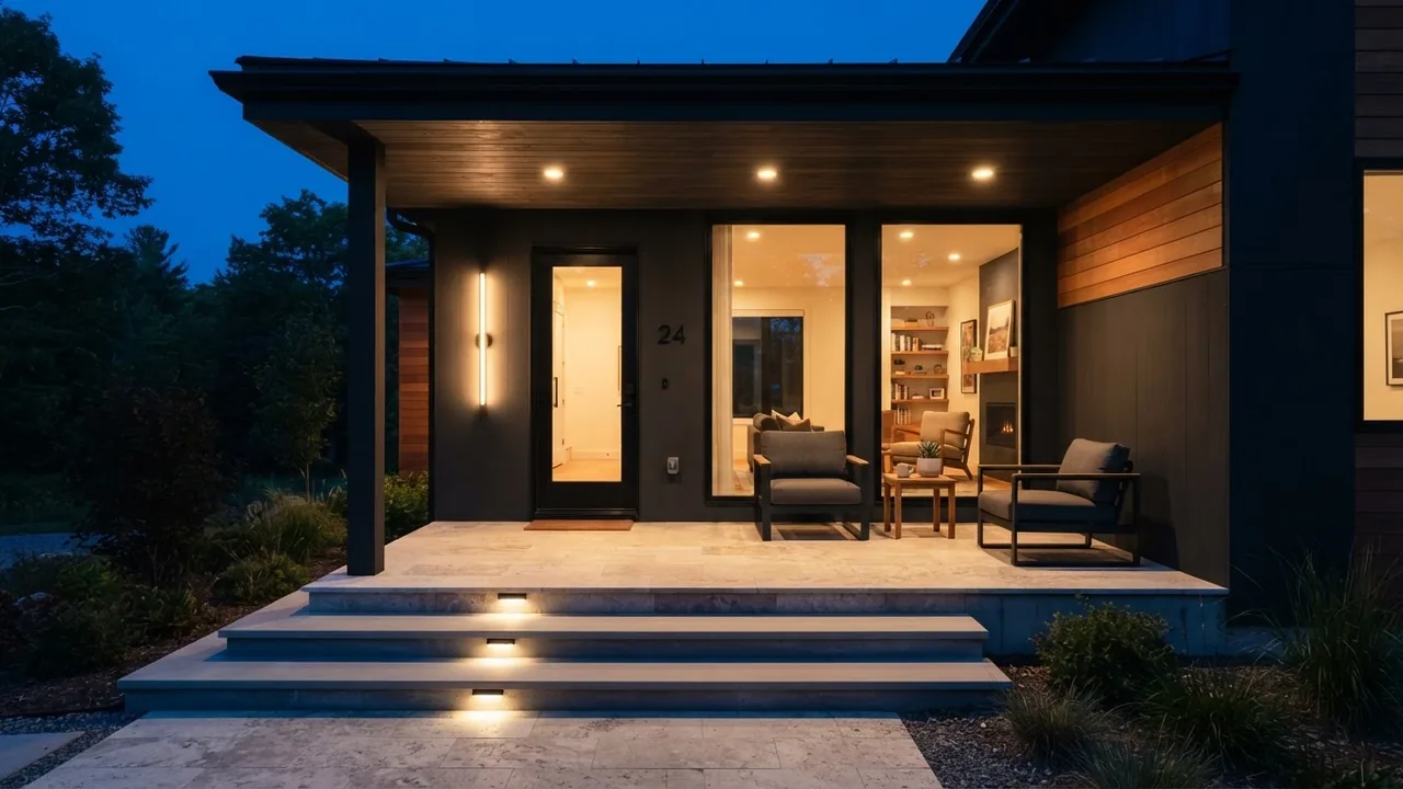 Modern covered porch at dusk with recessed downlights in the ceiling, a linear wall light beside the door, lights washing the concrete steps and warm interior light spilling through tall windows