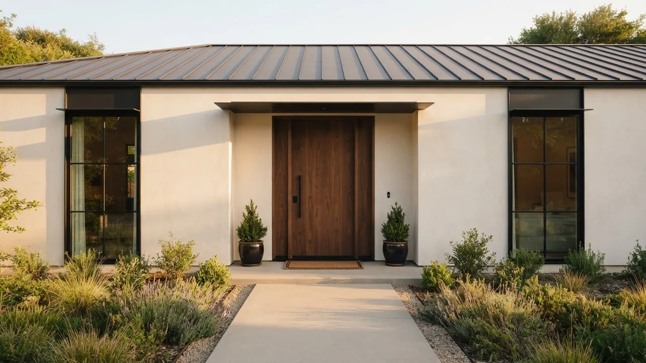 Modern rendered house with a shallow recessed entrance, a narrow roof overhang barely deeper than the front door, a doormat and two small potted plants against the wall