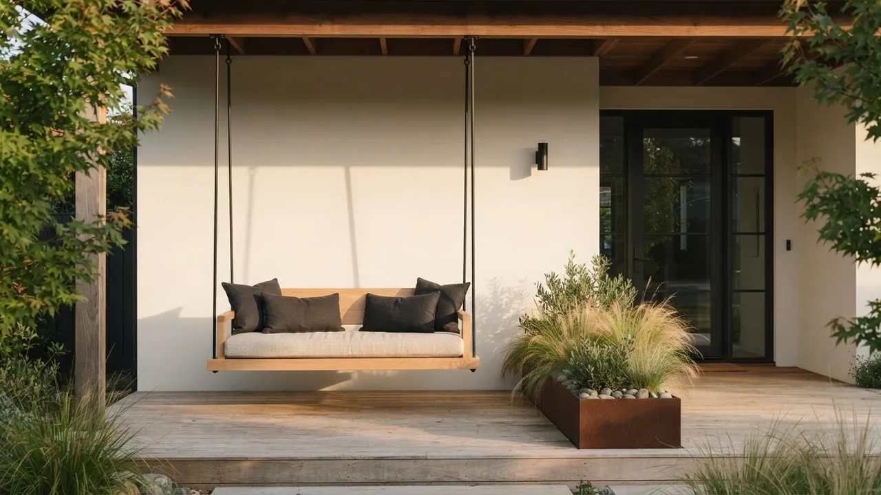 Modern front porch with a clean lined solid oak swing seat suspended on thin black steel rods, one long oatmeal cushion and two dark cushions, against a warm white rendered wall