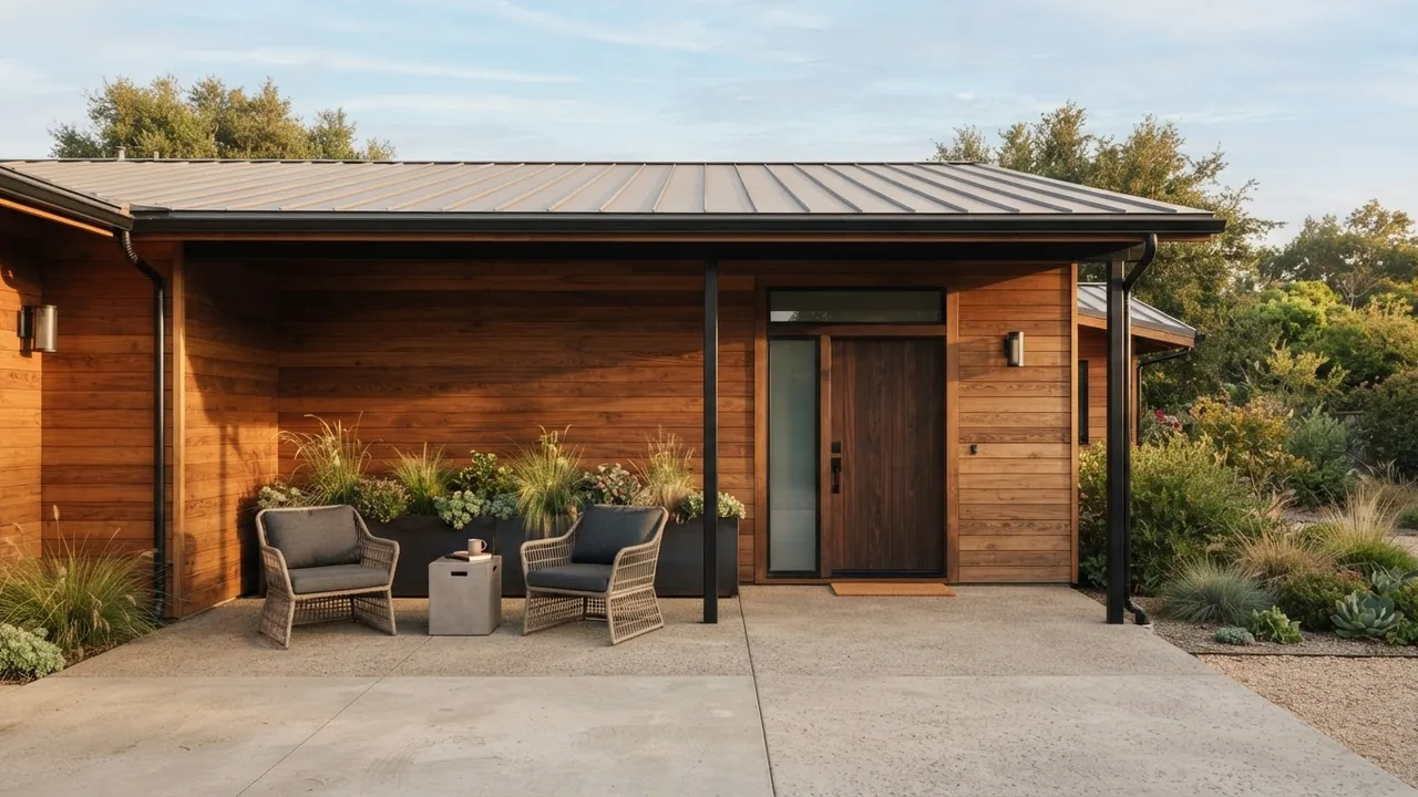 Modernised ranch house porch with horizontal cedar cladding, a low pitched standing seam roof carried on slim black steel posts, a poured concrete floor, two woven lounge chairs and a long planter of grasses