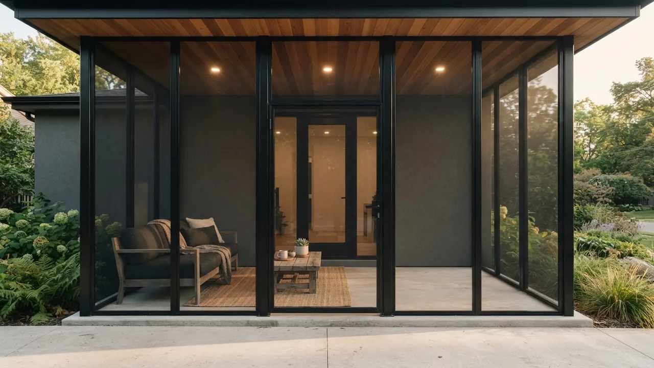 Modern screened front porch with full height black aluminium screen panels between slim posts, a cedar slatted ceiling with downlights, a pale concrete floor and a deep dark grey outdoor sofa