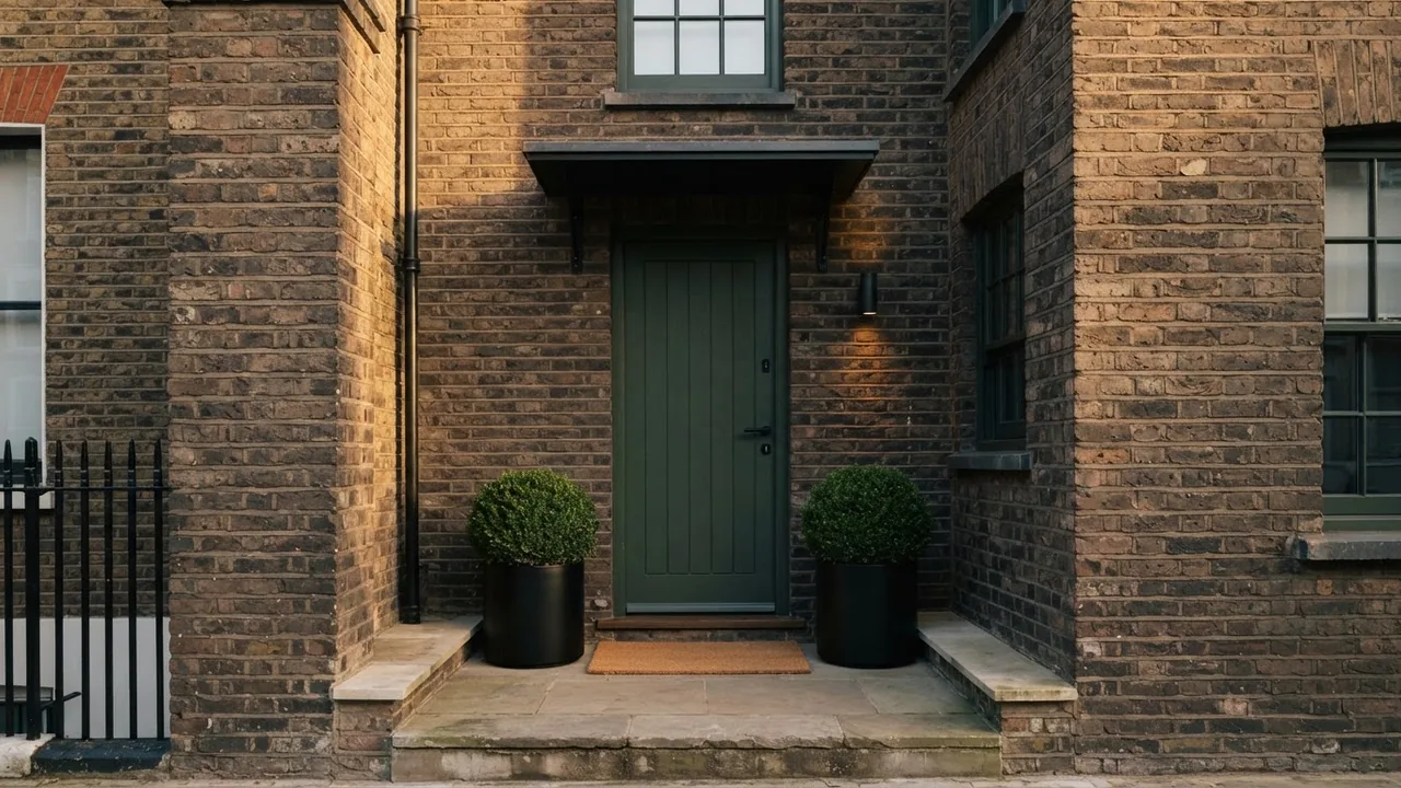 Small modern entry stoop on a brick townhouse with a dark green front door, a slim black canopy, two black planters with clipped boxwood, a black wall sconce and a coir doormat
