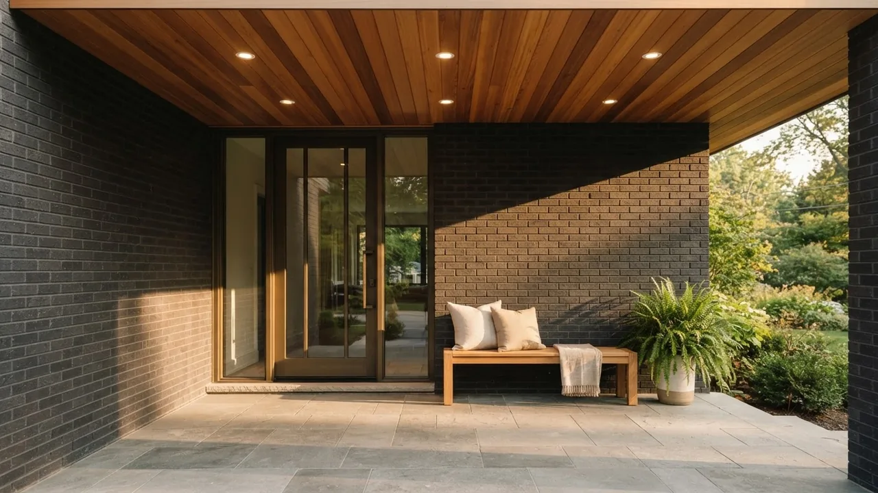 Deep covered porch with a warm cedar slatted ceiling and recessed downlights, a charcoal brick facade, a bronze framed pivot door, honed bluestone floor and a long solid oak bench