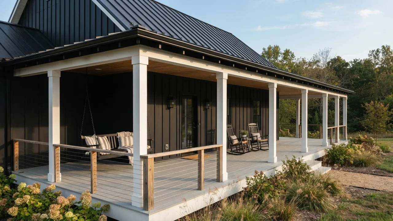 Wraparound porch on a modern farmhouse with black board and batten cladding, a standing seam metal roof, white square columns, horizontal cable and timber rail, a porch swing and two rocking chairs