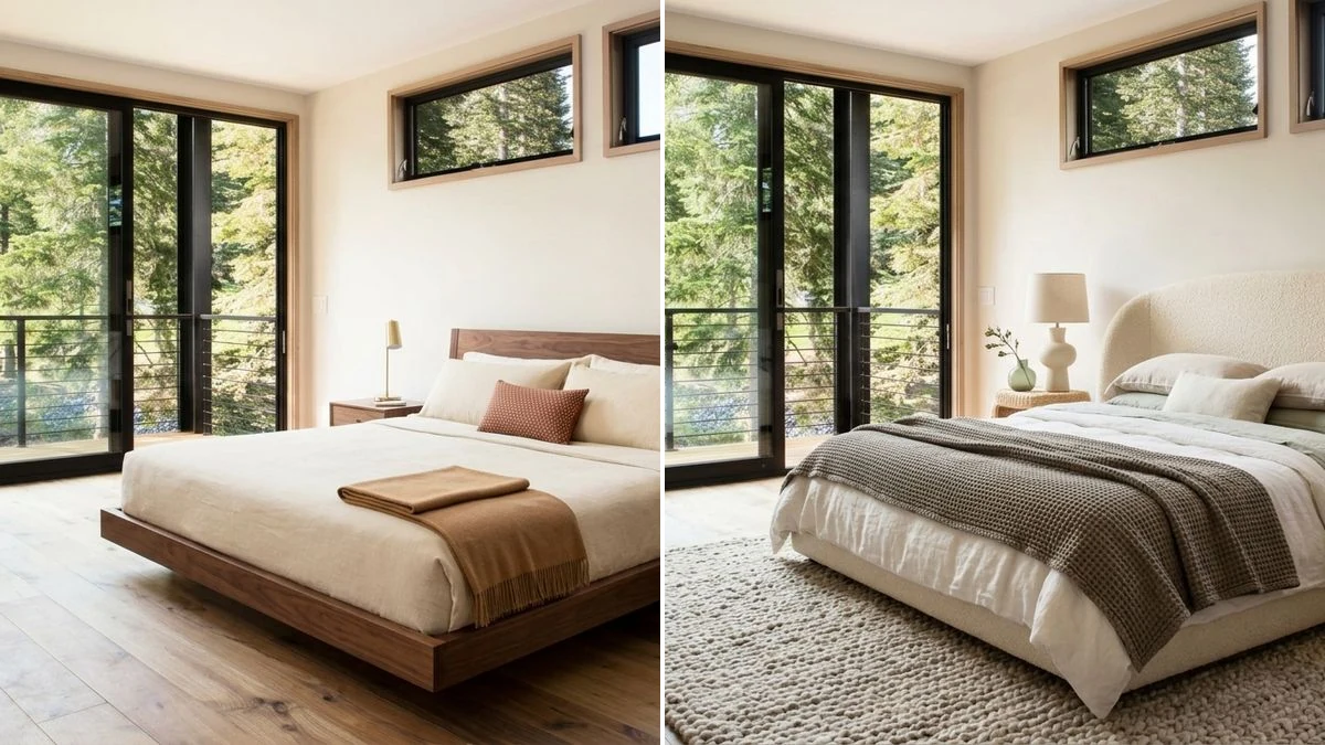 Same real bedroom furnished two ways: left is modern with a walnut platform bed and camel bedding, right is contemporary with a curved bouclé headboard and sage textiles