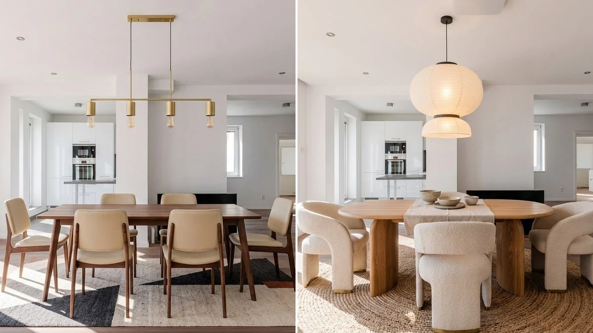 Same real dining area furnished two ways: left is modern with a rectangular walnut table and a brass linear pendant light, right is contemporary with a rounded oak table and a paper-lantern pendant