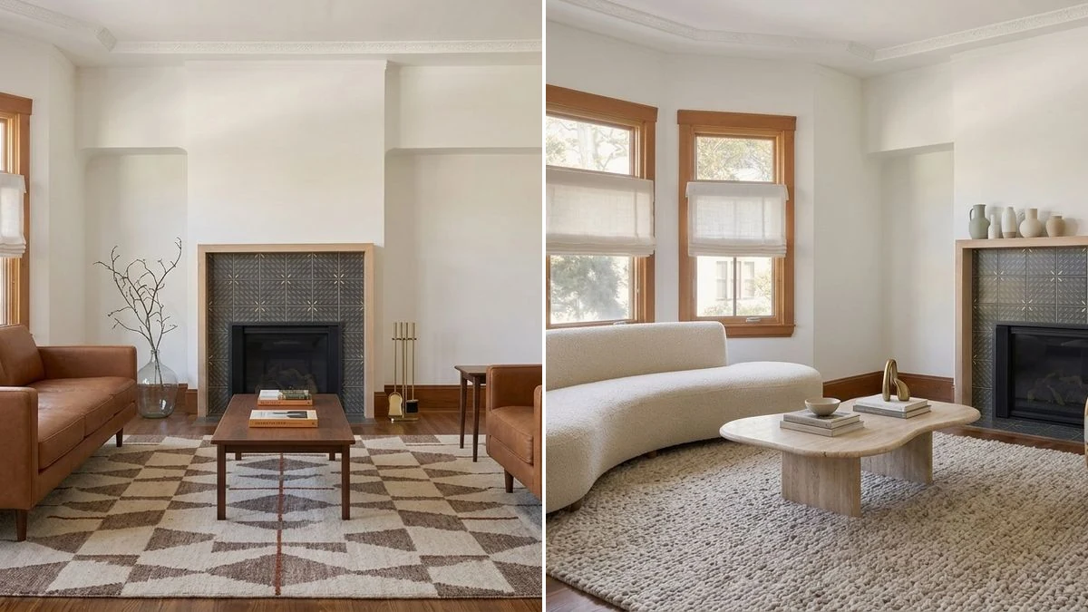 Same real living room with a fireplace furnished two ways: left is modern with symmetrical leather sofas and a walnut coffee table, right is contemporary with a curved bouclé sofa and styled mantel