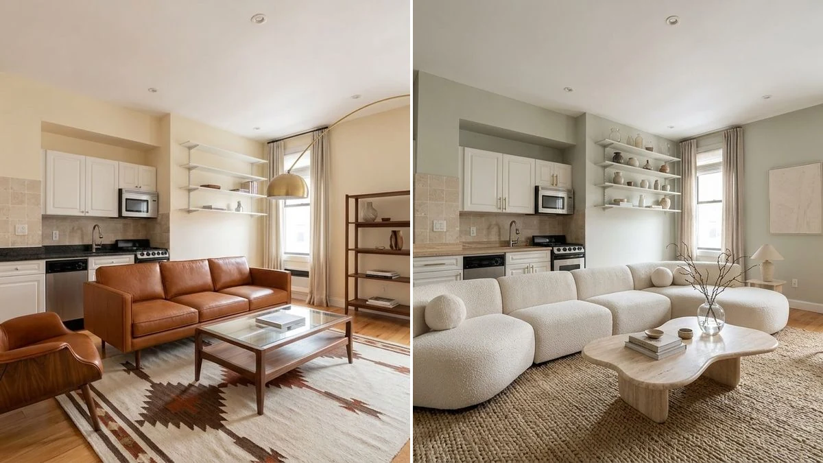 Same real living room furnished two ways: left is modern with a cognac leather sofa and walnut coffee table, right is contemporary with a curved bouclé sectional and travertine coffee table