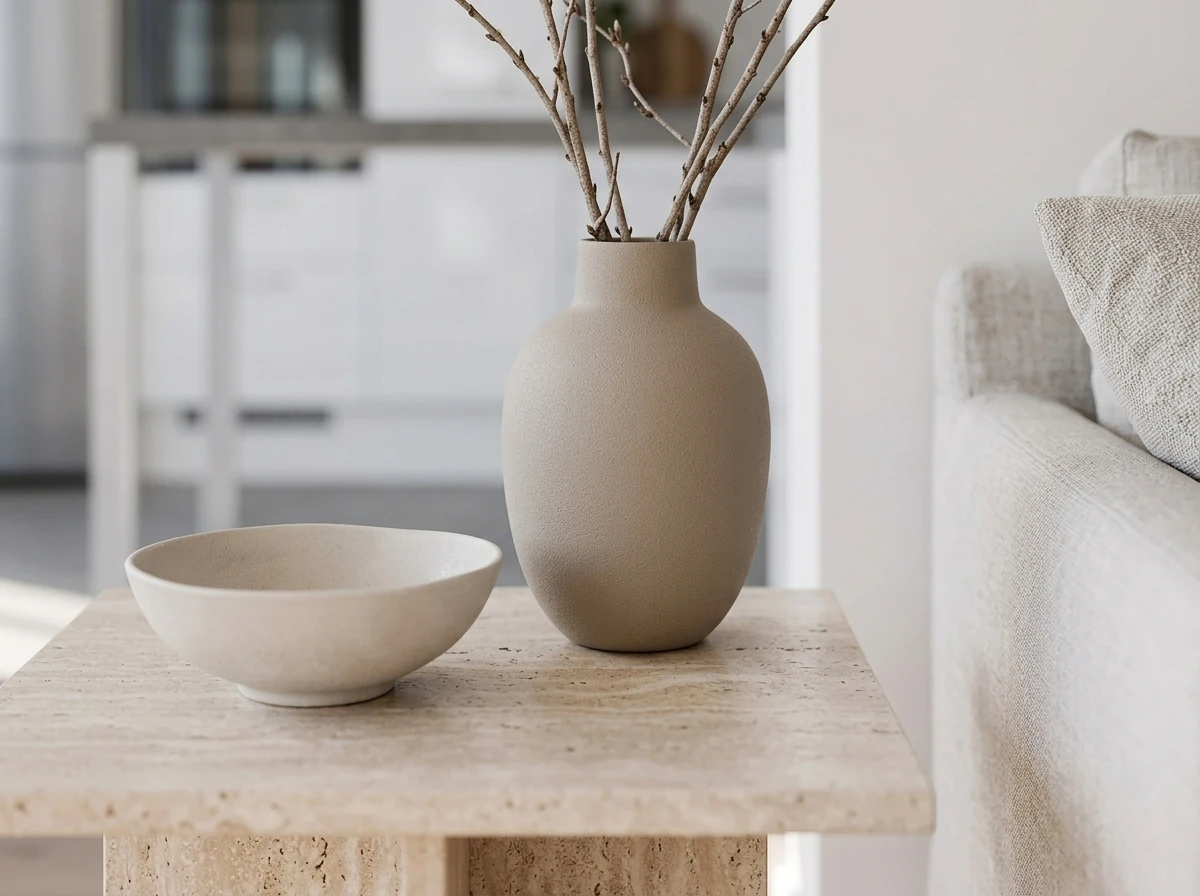 Close-up of a matte ceramic vase holding dried branches beside a stone bowl on a honed travertine side table, showing four different surfaces each catching the daylight in its own way