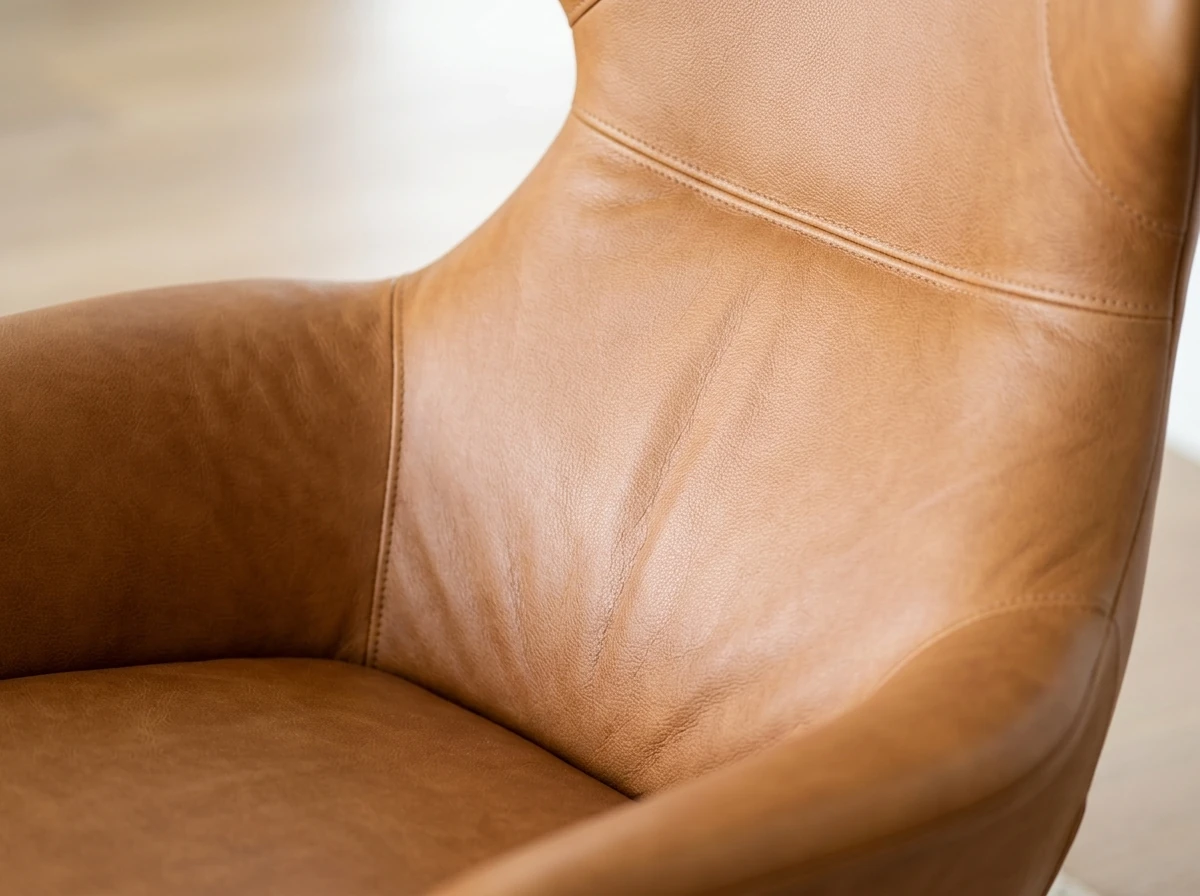 Close-up of the seat and lower backrest of a tan full-grain leather lounge chair showing the natural leather grain and pores, soft highlights along the curved edge, gentle creasing at the seat and a stitched seam