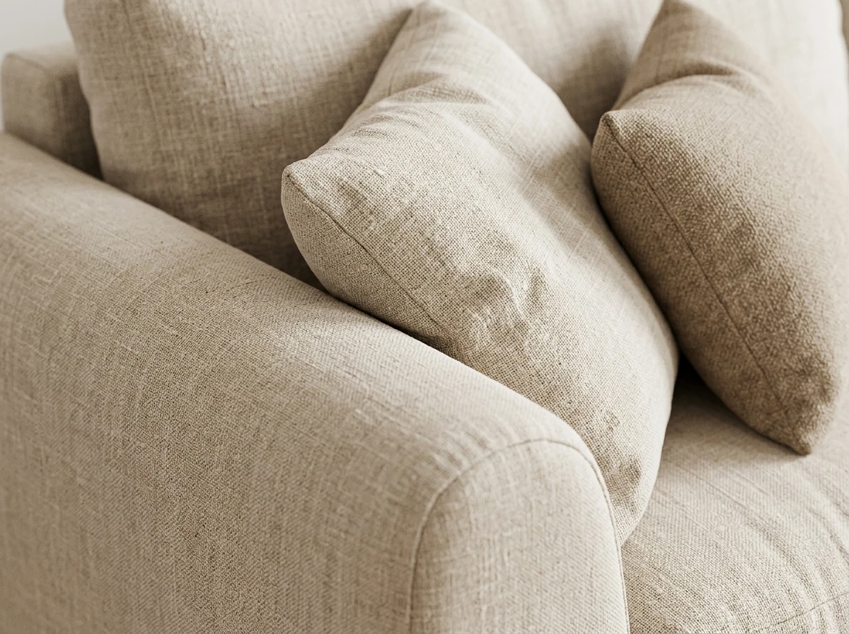 Close-up of the corner of an oatmeal linen sofa showing the natural fabric weave, soft cushion creases, a rolled arm, and an olive velvet accent cushion catching light differently from the matte linen