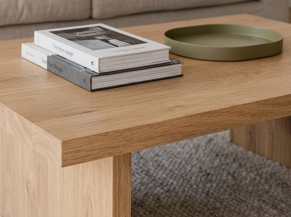 Extreme close-up of the solid light-oak coffee table showing real wood grain, a mitred waterfall edge, soft directional sheen across the top and a wool rug softly out of focus beneath