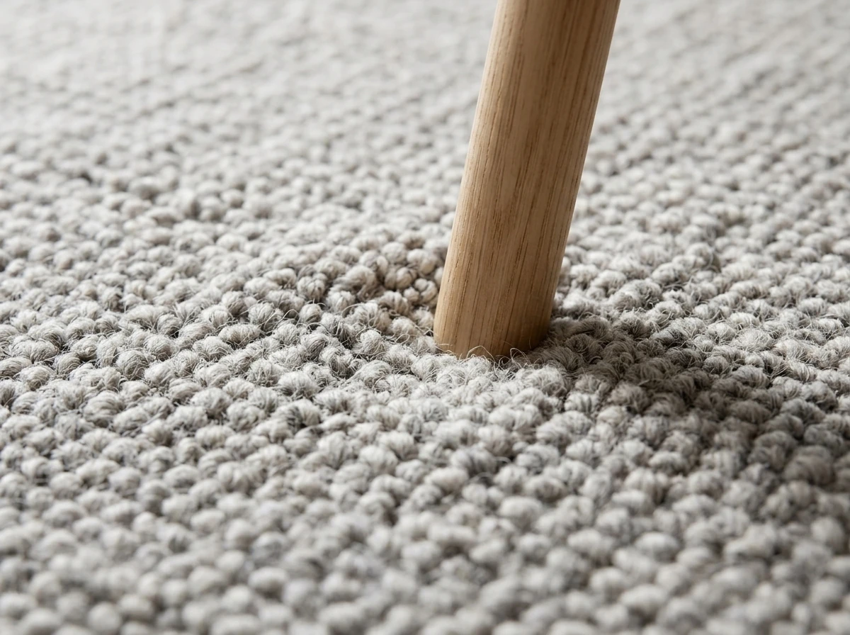 Close-up of a hand-knotted wool rug with a slim light-oak furniture leg resting on it, showing the individual low-pile wool loops and a soft contact shadow where the leg presses into the pile