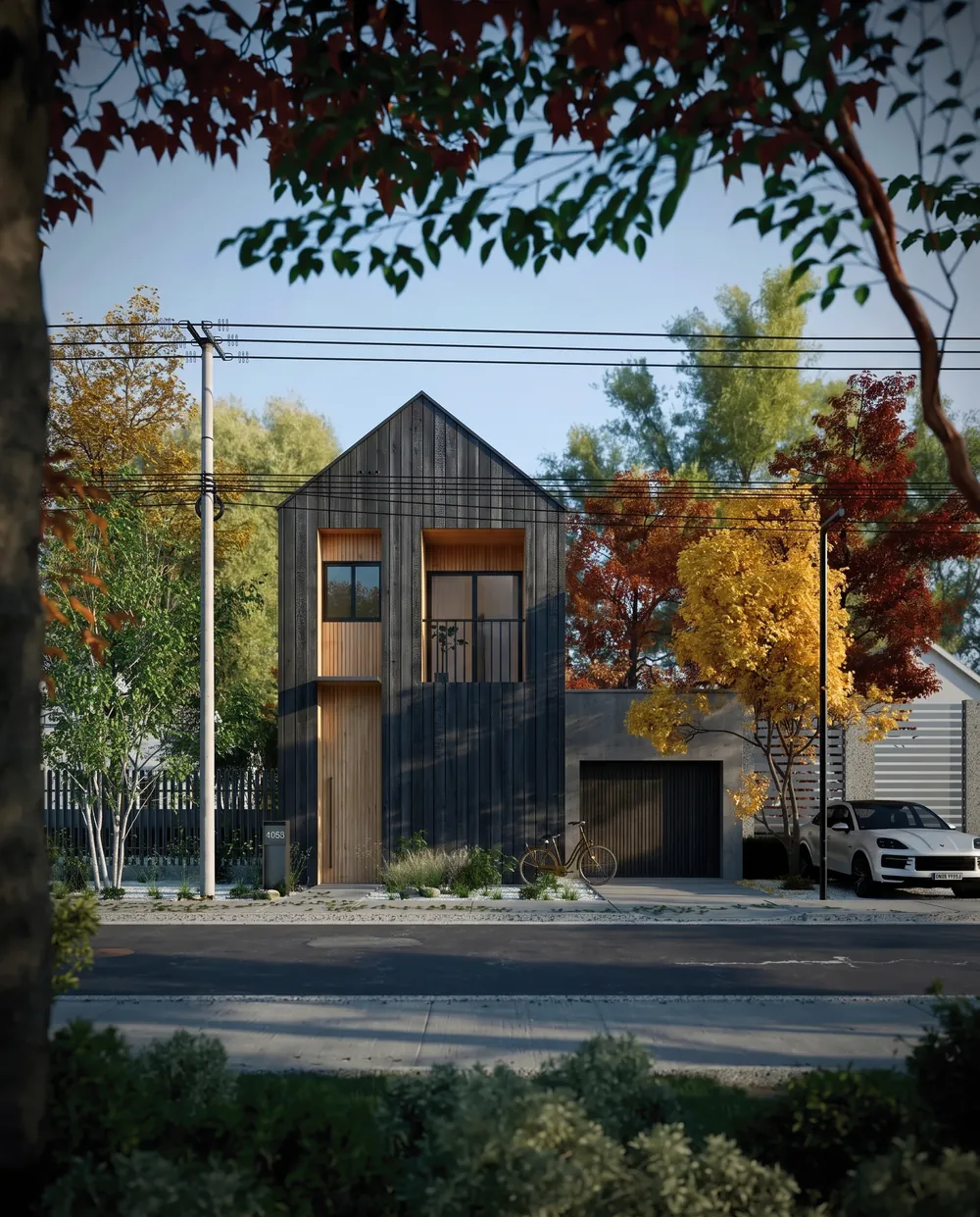 Narrow gabled house restyled by Nano Banana 2.1 in blackened shou sugi ban timber with black window frames and a timber garage door, on a street with autumn trees