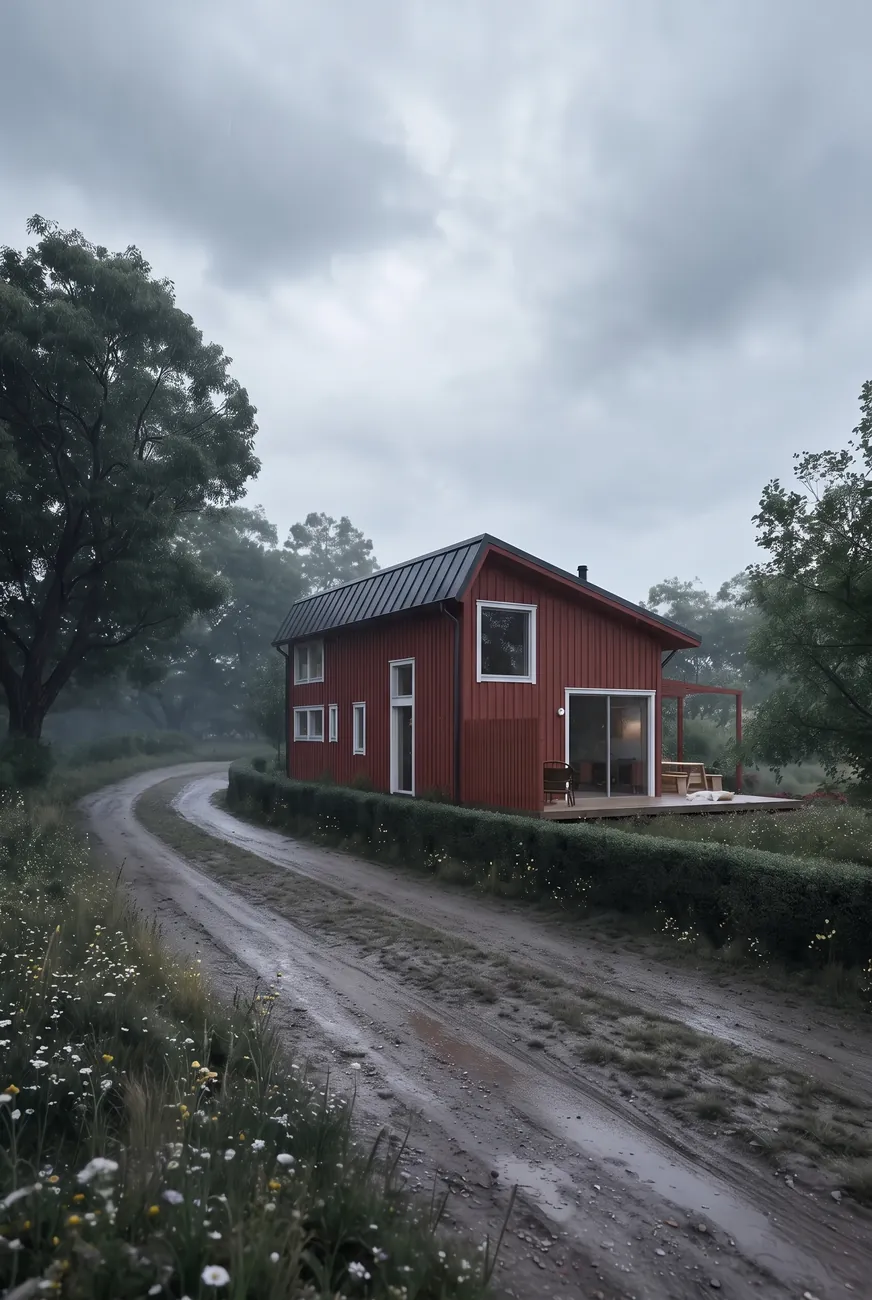 Two story timber house restyled by Nano Banana 2.1 in Falu red board-and-batten siding with white trims and a black metal roof, beside a muddy country road