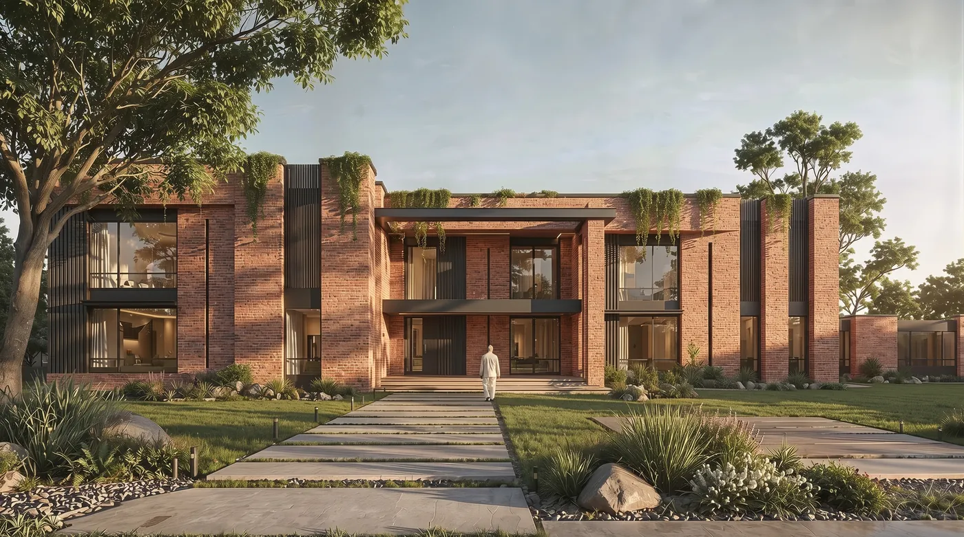 Two story modern house restyled by Nano Banana 2.1 in warm red handmade brick with white mortar and black steel fins, with planted terraces and a front path