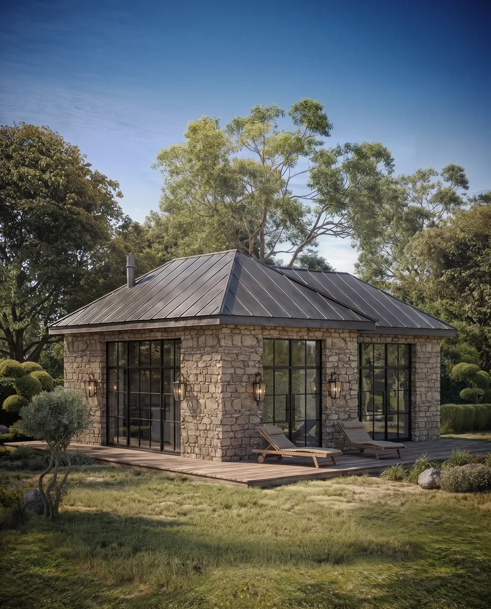 Stone cottage modernized by Nano Banana 2.1 with large black-framed glazing and a cedar deck with two lounge chairs, keeping the stone walls and hipped metal roof