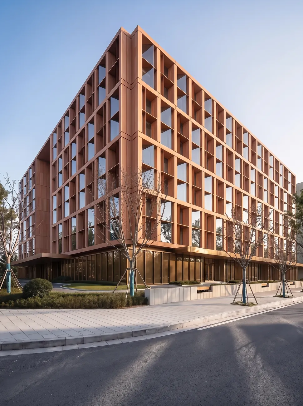 Seven story office block restyled by Nano Banana 2.1 with vertical terracotta fins and bronze-tinted ground floor glazing on a street corner