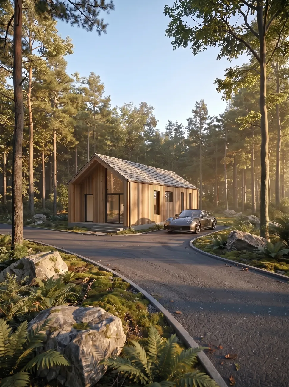 Small gabled timber cabin in a pine forest edited by Nano Banana 2.1 so that only the roof is covered in weathered cedar shingles