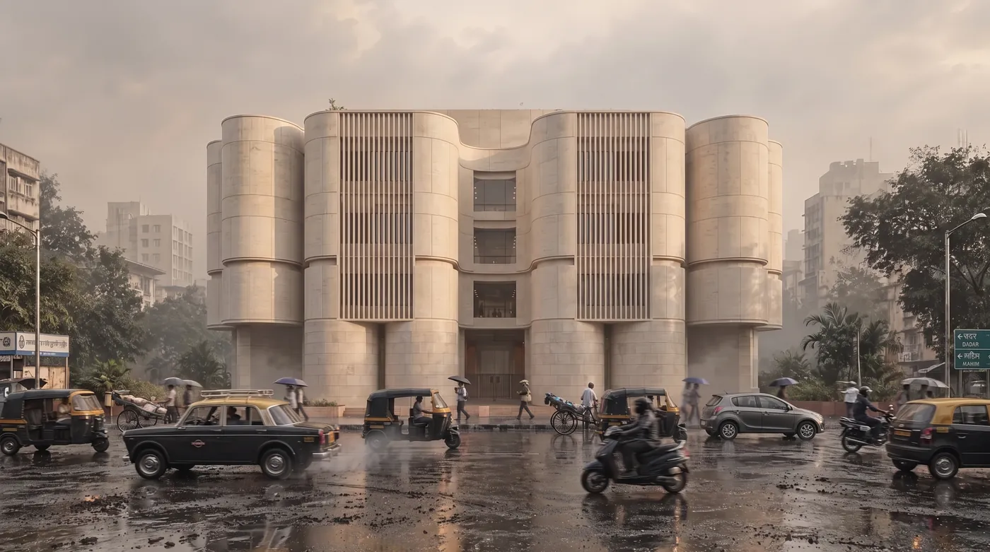 Office building with rounded towers edited by Nano Banana 2.1 from copper to pale limestone cladding on a rainy street with taxis and scooters
