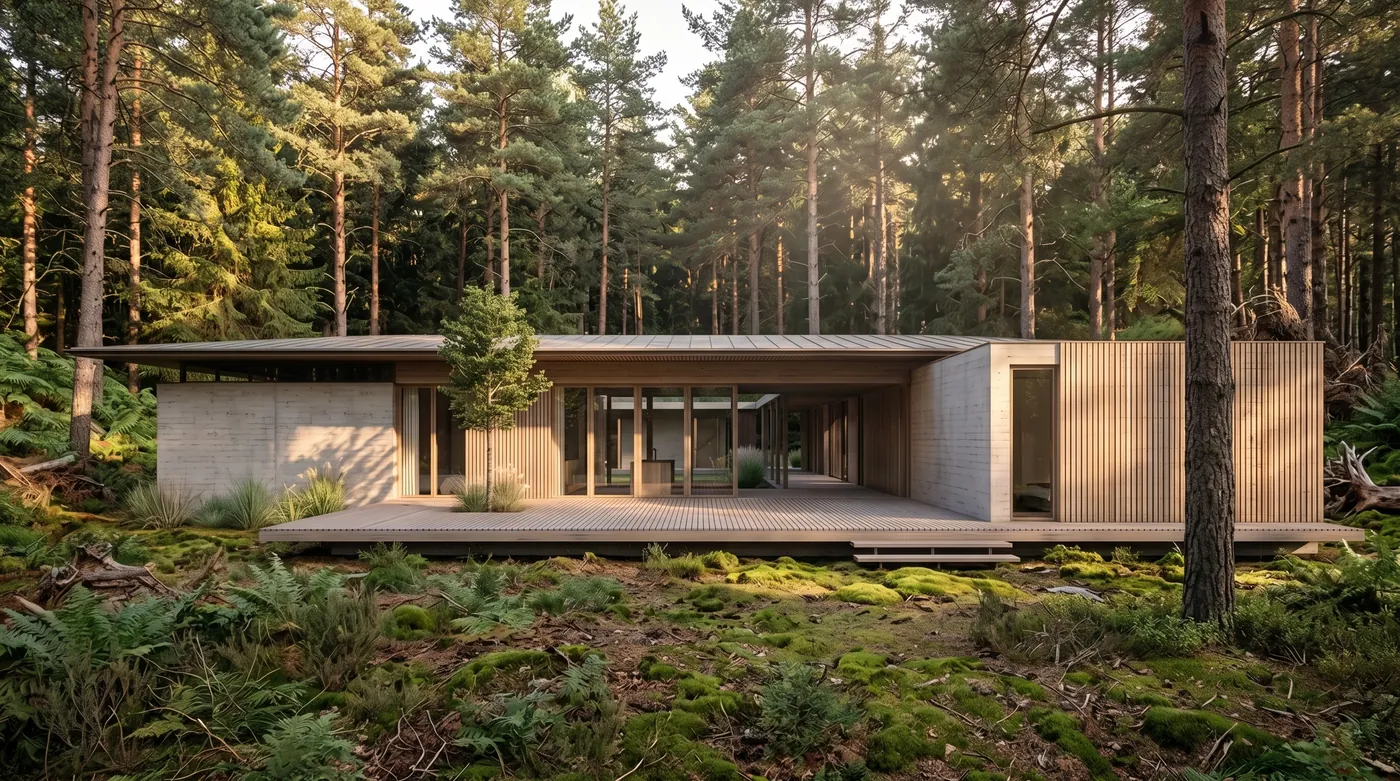 Single story house with a concrete wall, timber screen and wide deck placed by Nano Banana 2.1 in a sunlit pine forest clearing with ferns and moss