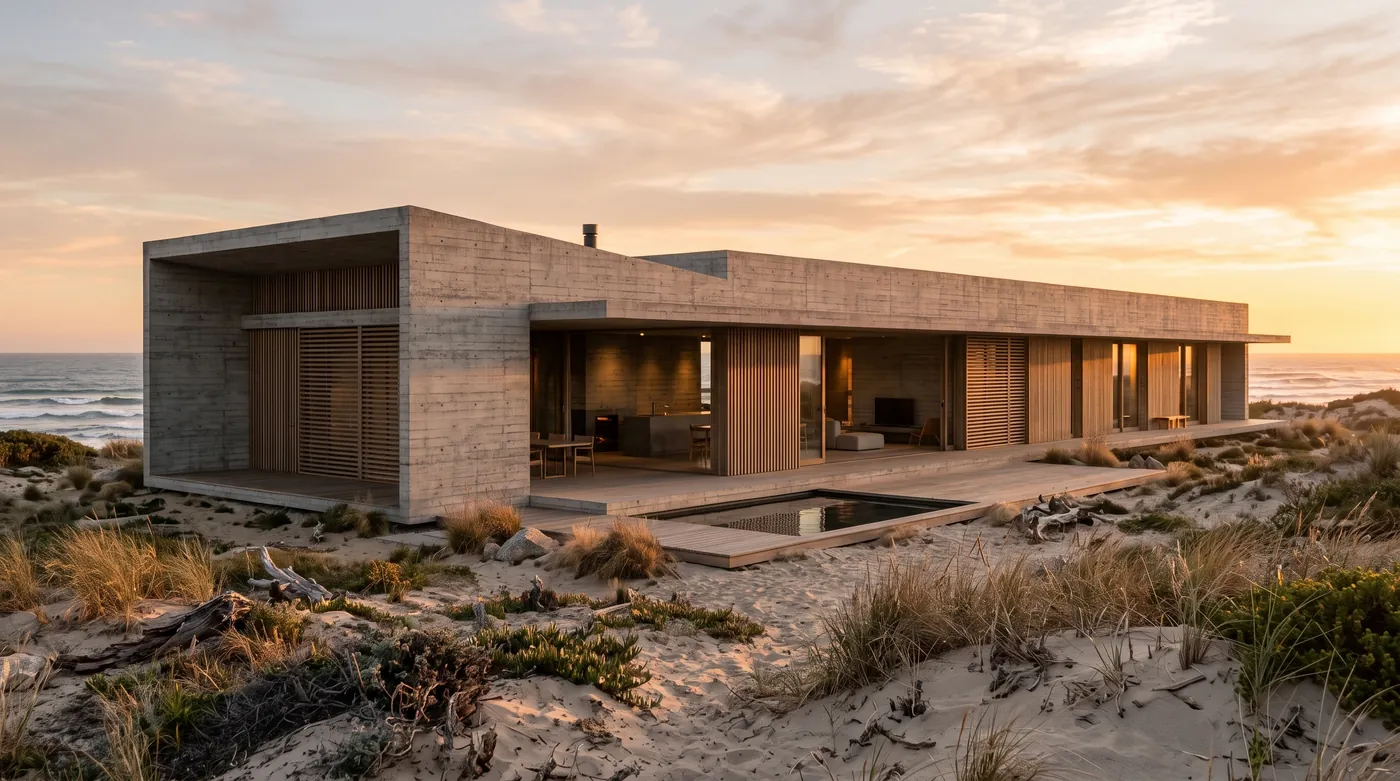 Long low concrete and timber house placed by Nano Banana 2.1 on a coastal dune with beach grass and the ocean behind at sunset