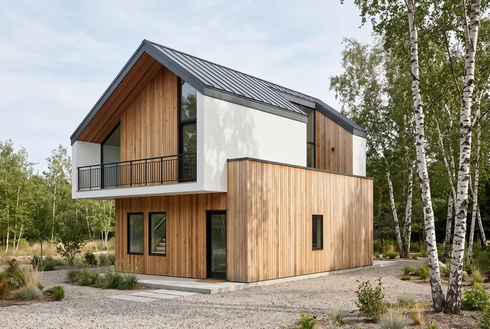 Two story house rendered by Nano Banana 2.1 from a lavender massing model, with vertical cedar cladding, a white volume, a zinc roof and birch trees
