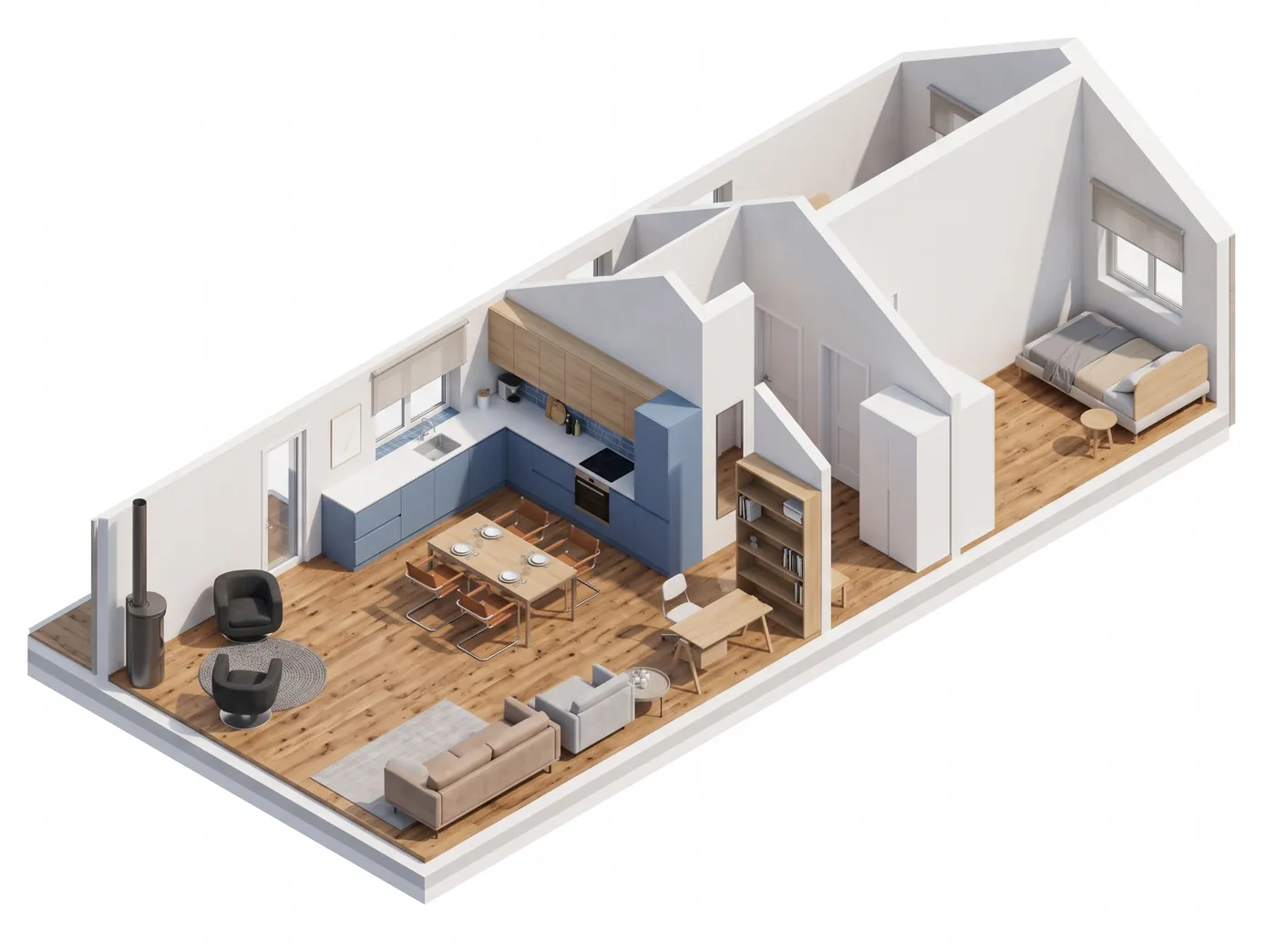 Photorealistic isometric cutaway of a small house rendered by Nano Banana 2.1 from a line diagram, with oak floors, a blue kitchen and furnished rooms