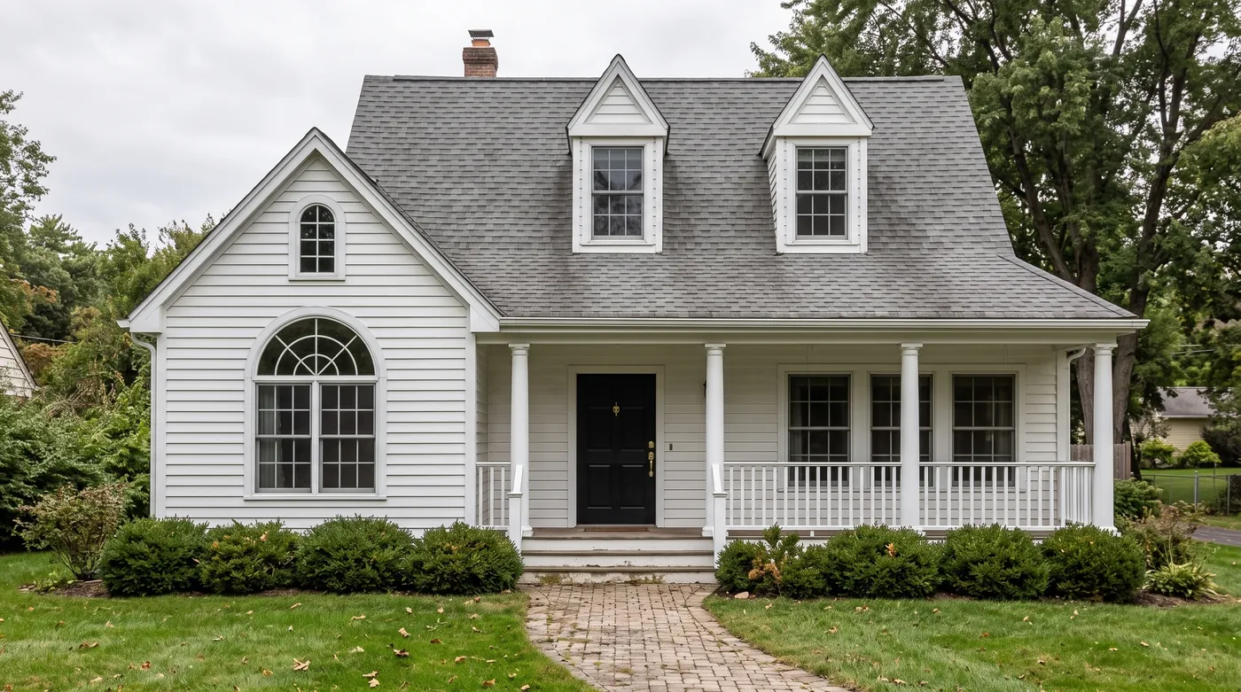 White clapboard Cape Cod house with dormers, a front porch and shrubs rendered by Nano Banana 2.1 from a detailed ink illustration