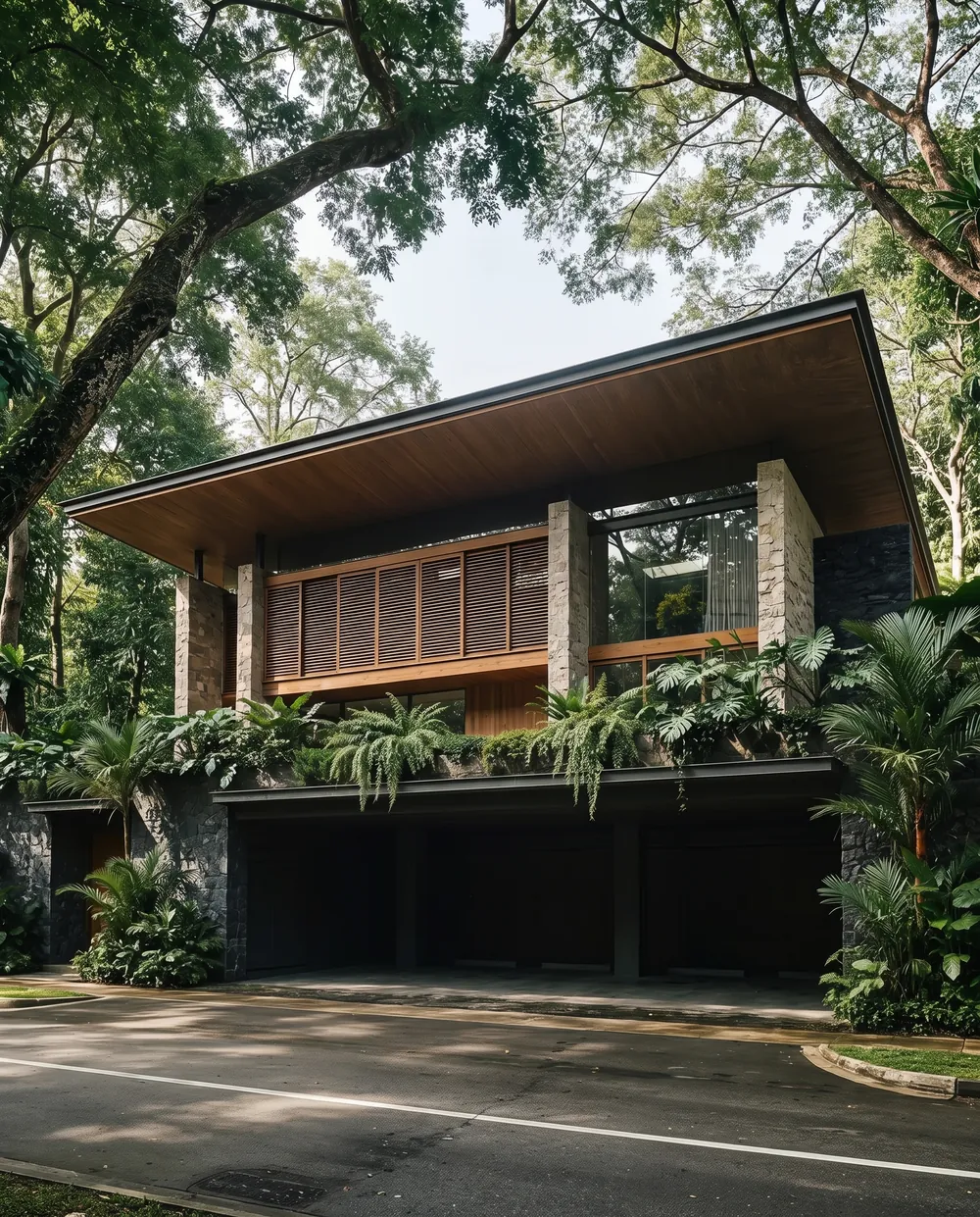 Two story tropical house edited by Nano Banana 2.1 with the cars removed from the carport and driveway, leaving the planting and timber screens unchanged