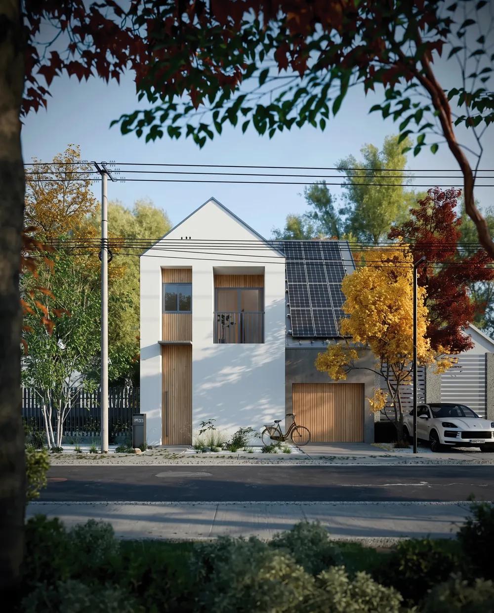 Gabled house on a city street edited by Nano Banana 2.1 to add black solar panels on the right half of the roof