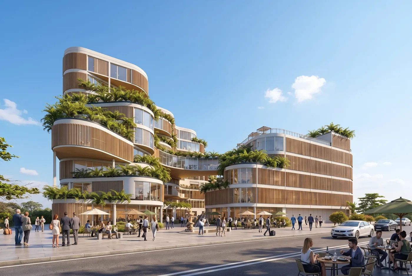 Curved mixed-use building with planted terraces turned by Nano Banana 2.1 from dusk to a bright midday with people walking and sitting at cafe tables